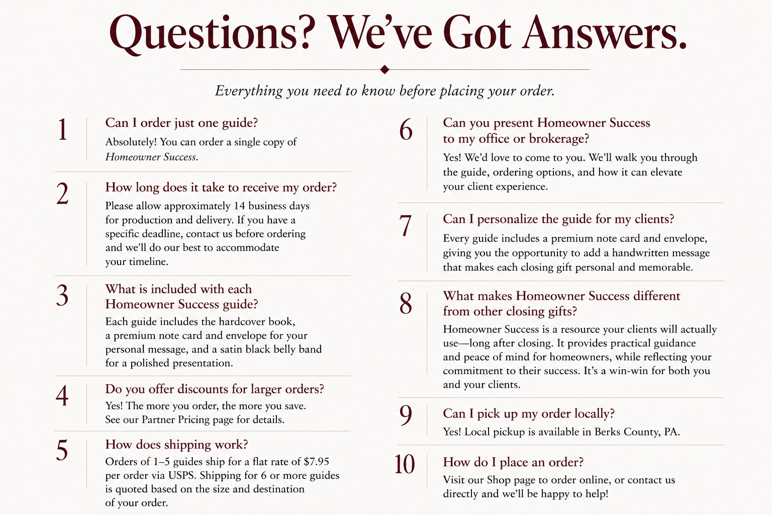 Homeowner Success frequently asked questions about ordering, shipping, customization, and brokerage pricing.