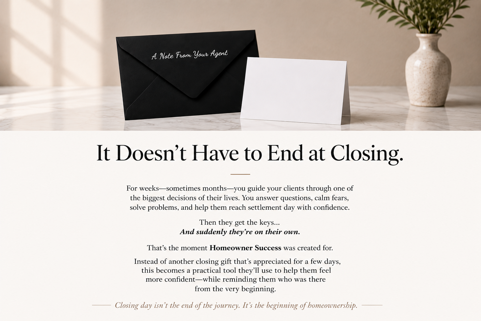 Homeowner Success website featuring the closing gift package for real estate professionals.