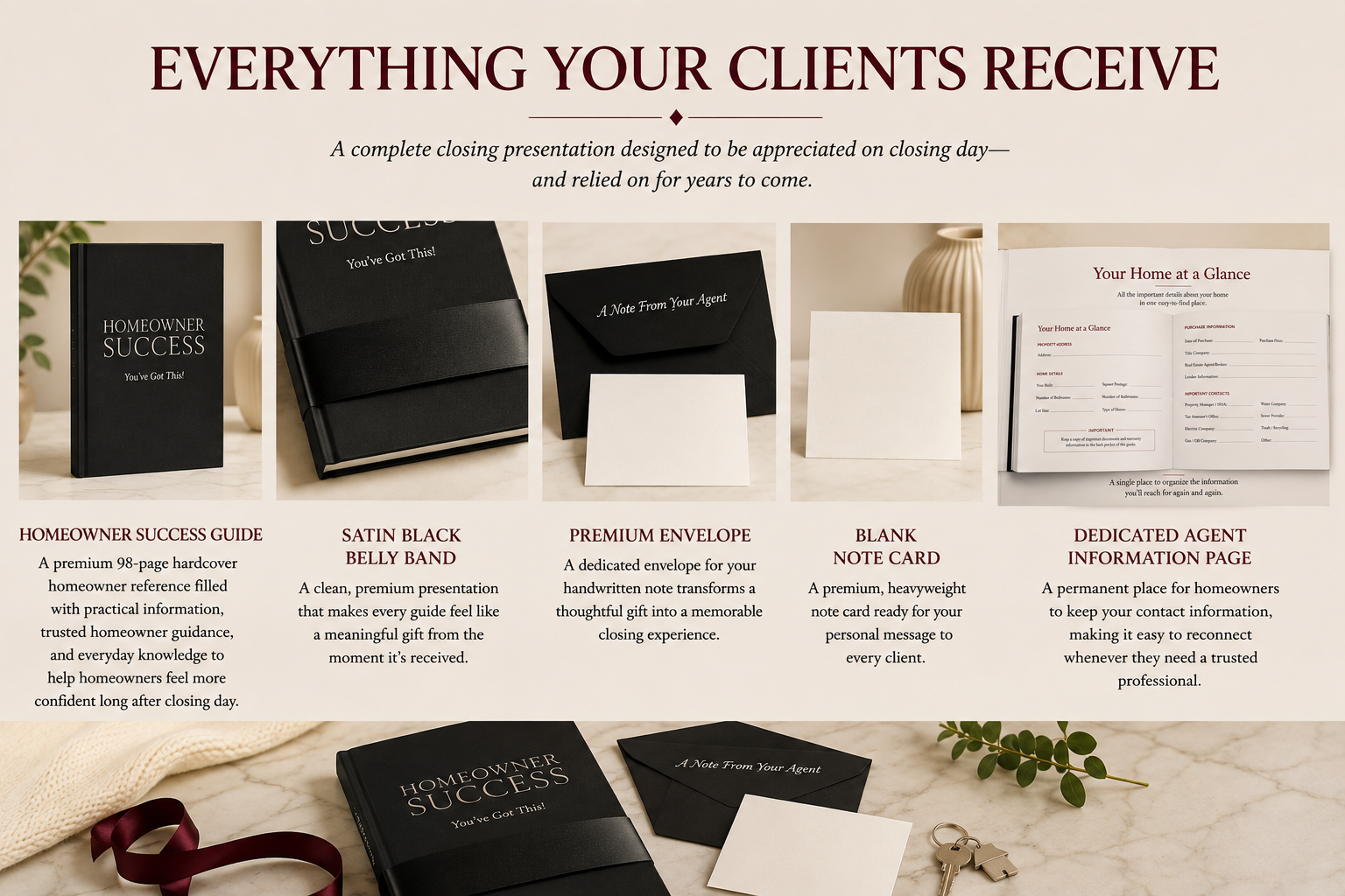 Homeowner Success marketing materials including homeowner reference guide, presentation packaging, and broker resources.