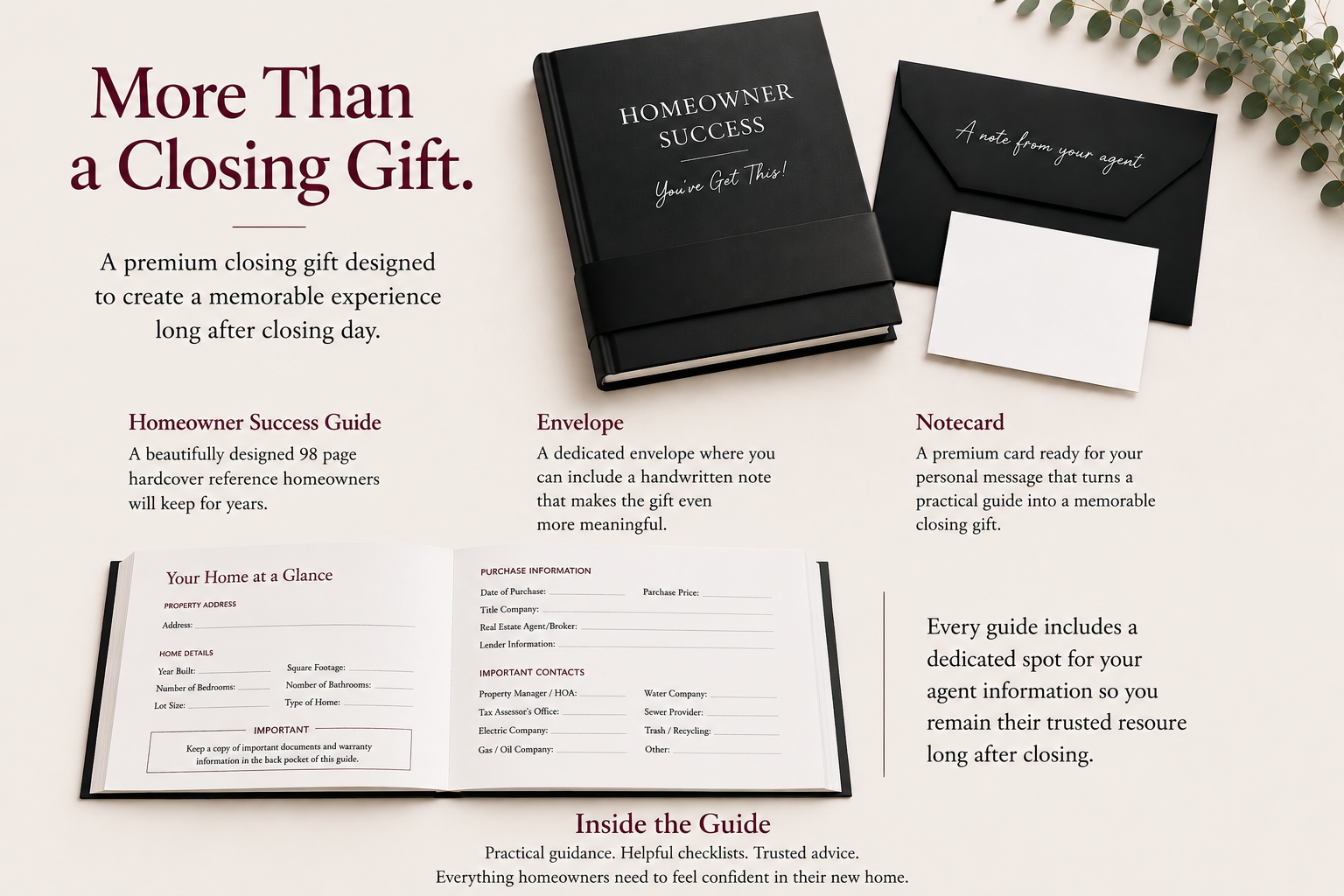 Homeowner Success premium closing gift including homeowner reference guide, note card, envelope, and sample interior pages.