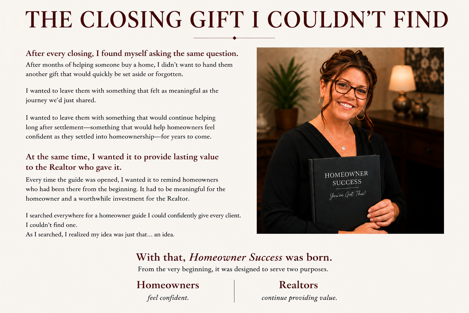 Kristy Killian holding the Homeowner Success homeowner reference guide for real estate professionals.