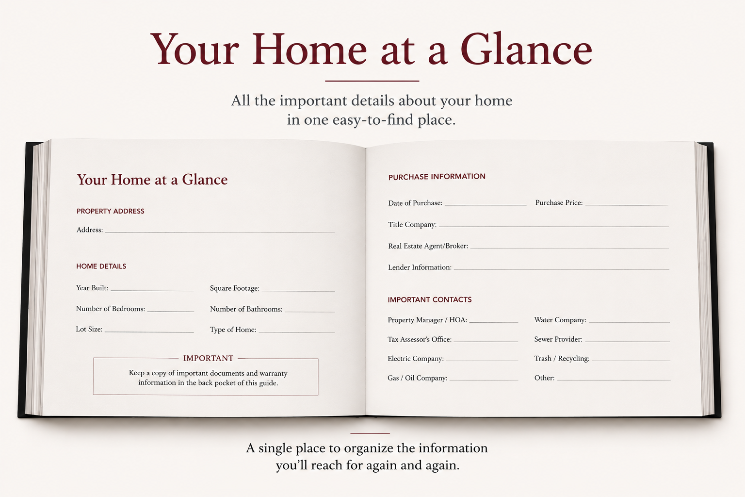 Homeowner Success property information worksheet for recording home details, purchase information, and important contacts, including the real estate agent information.