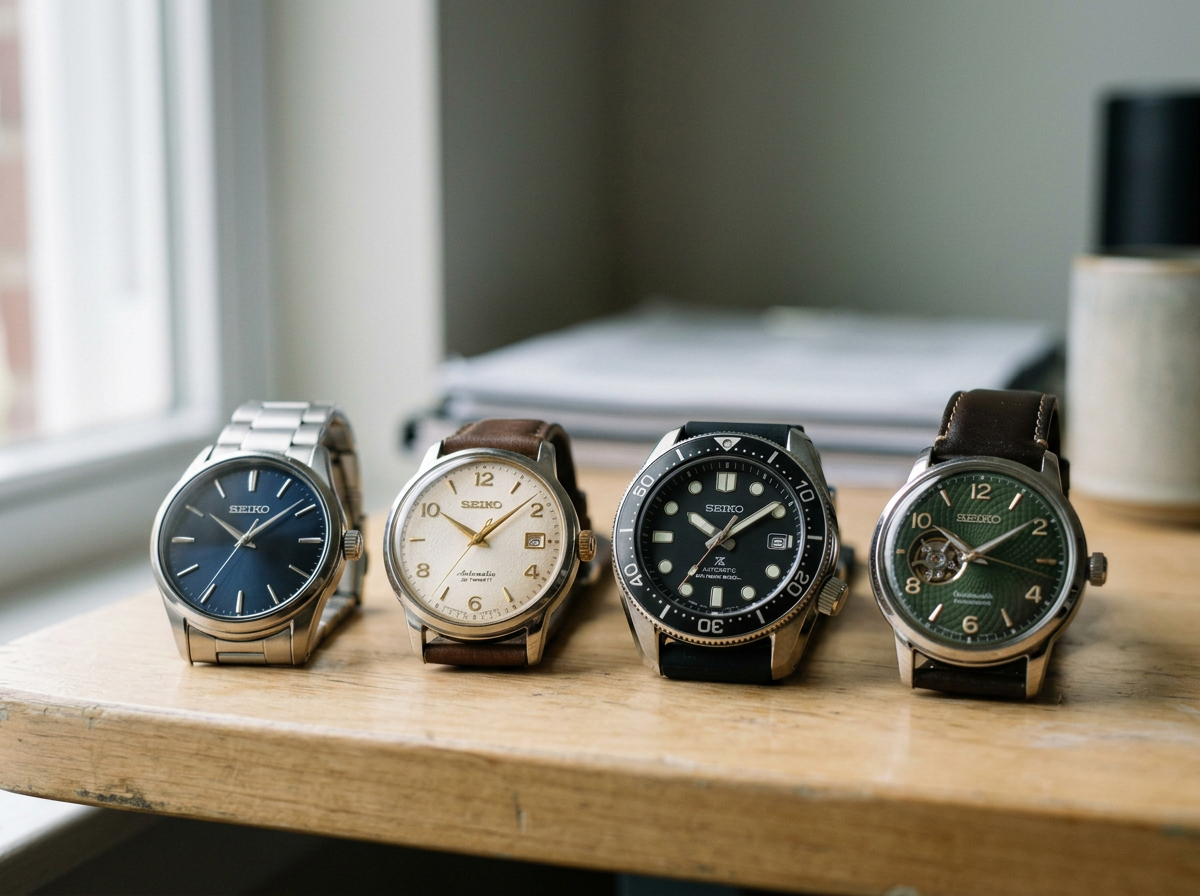 Four Seiko wristwatches on a wooden surface near a window.