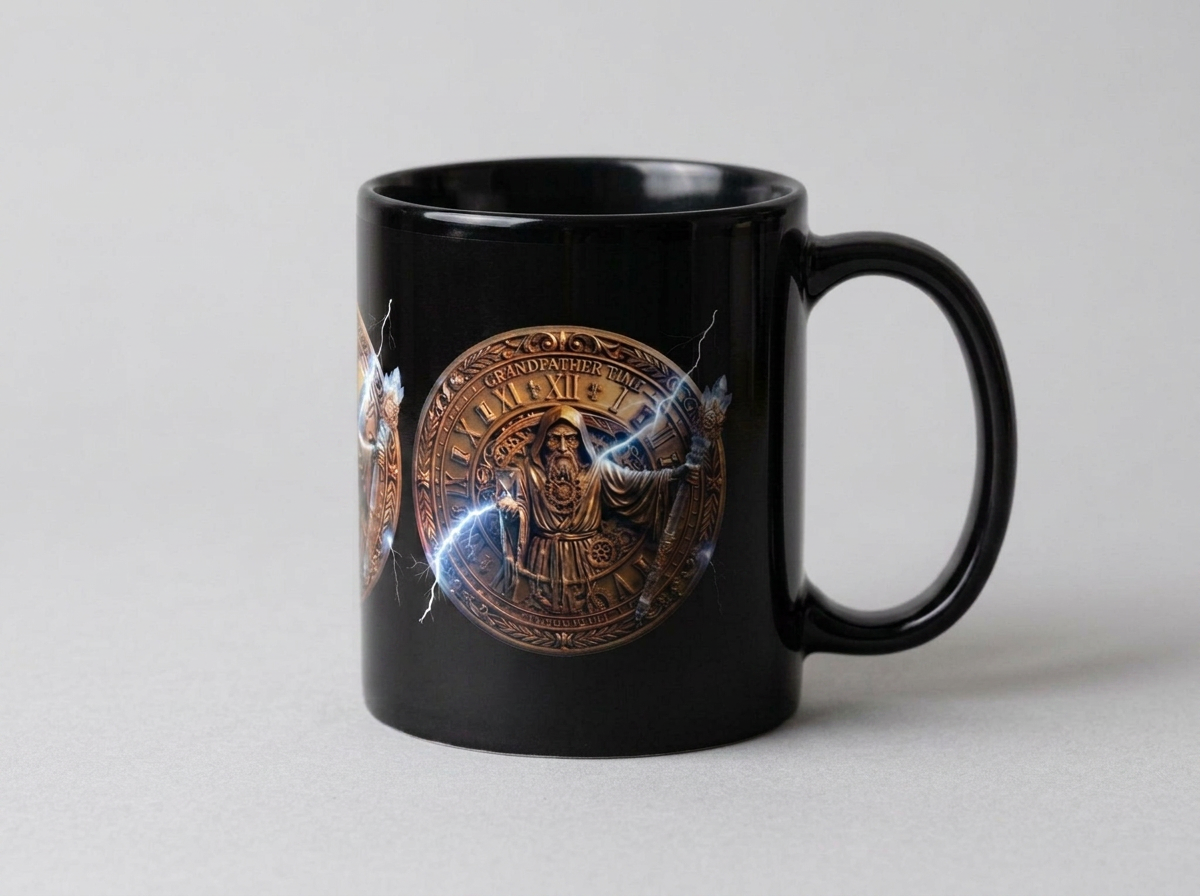 Black coffee mug featuring a design of a medieval character in front of a clock face with lightning effects.