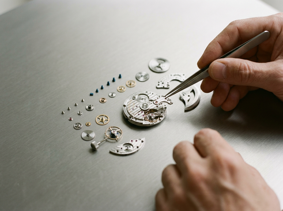 Bespoke wristwatch movement with small gears and components on a metallic surface.