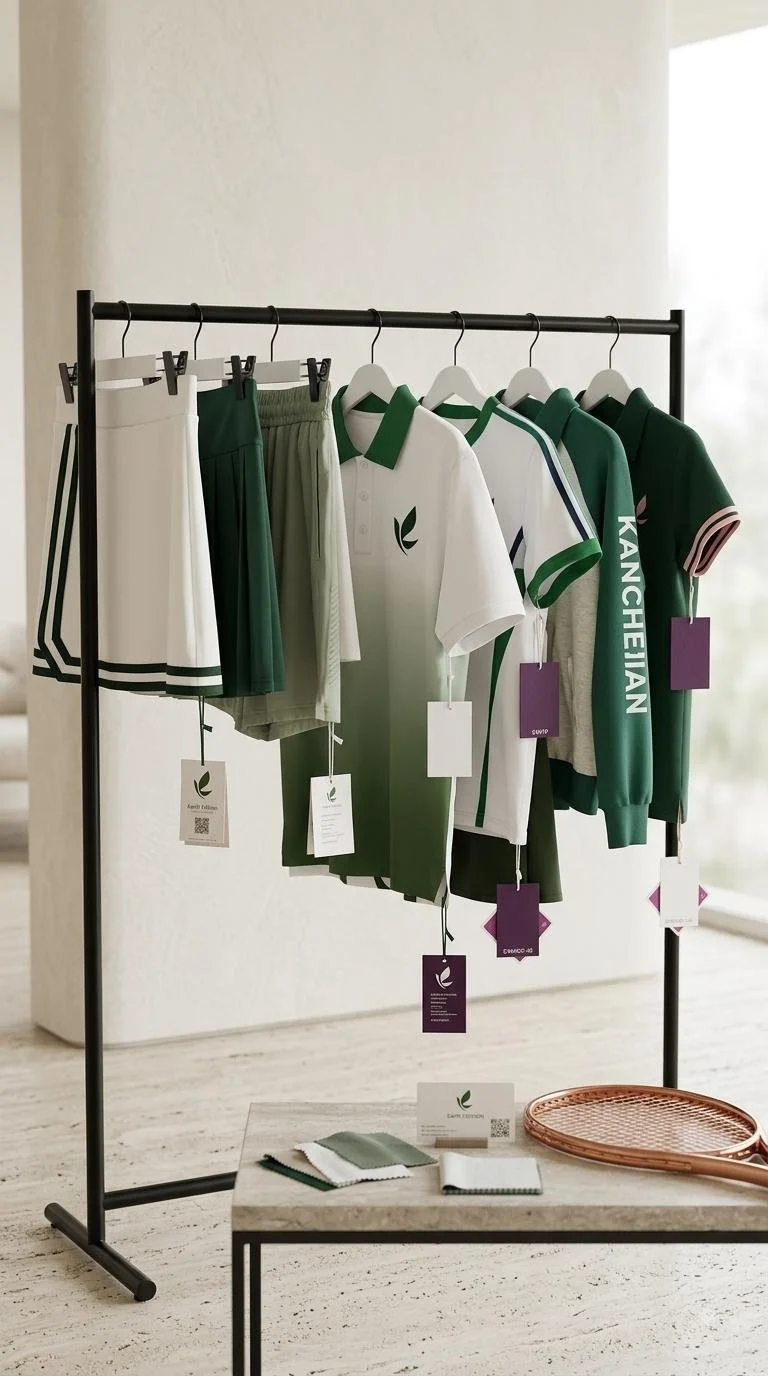 Clothing rack displaying green and white sportswear with tags, next to a table with fabric swatches and a tennis racket.