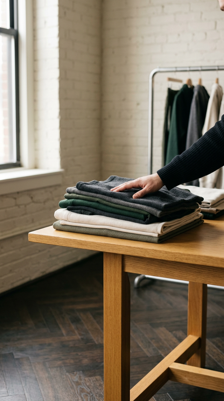 Person folding sweaters on a wooden table in a retail clothing store with a clothing rack in the background.