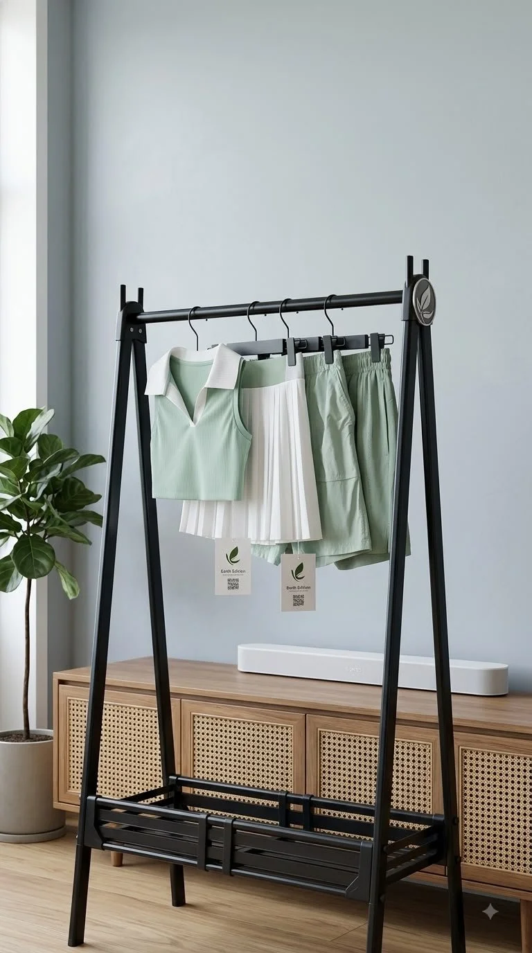 Clothing rack with light green and white tops and shorts in a minimalist room with a plant and wooden cabinet.