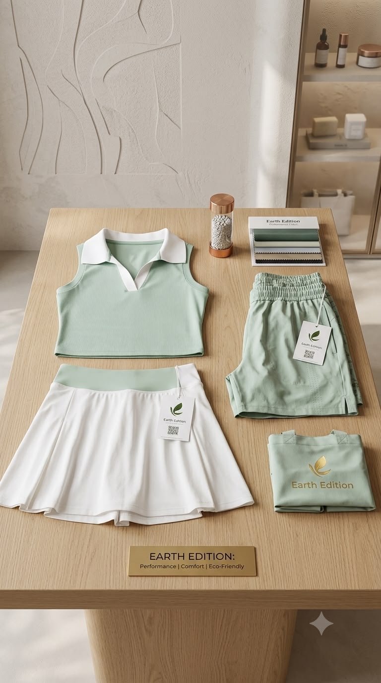 Clothing and accessories on a wooden table displayed in Earth Edition branding. Includes a sleeveless polo shirt, a white skirt with a tag, folded green shorts with a tag, a matching folded green T-shirt, and a color palette sample card. Also features a clear container with white and grey beads and a small amber-colored bottle.