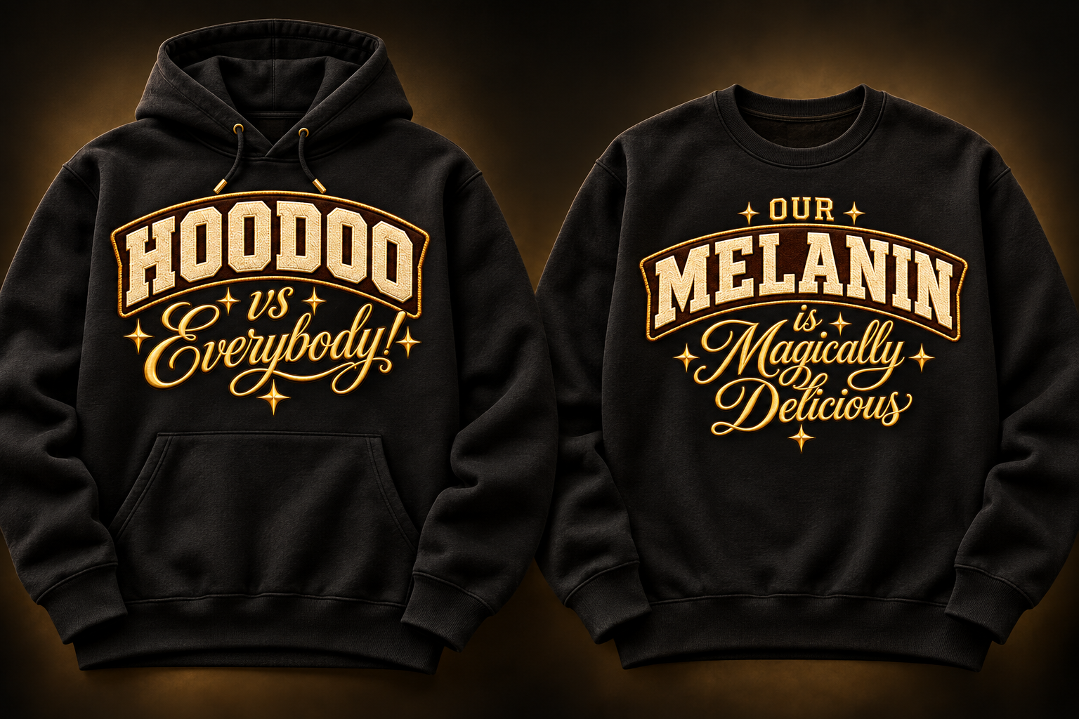 Black hoodie with gold Hoodoo vs Everybody design and black sweatshirt with gold Our Melanin is Magically Delicious design