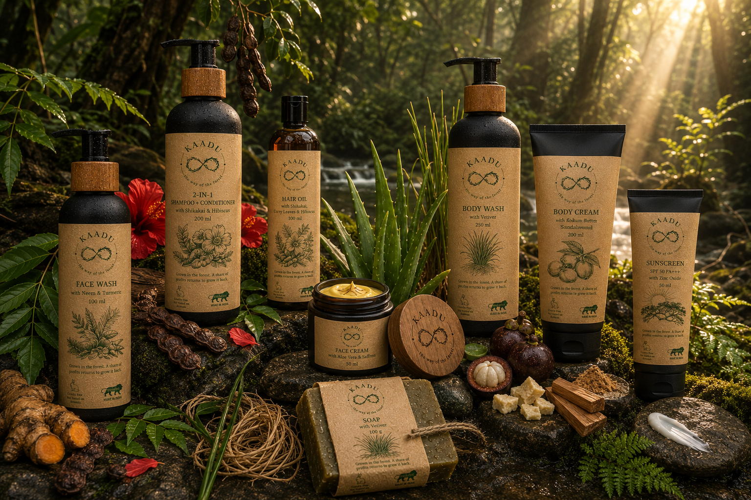 A collection of natural skincare products including face wash, shampoo, hair oil, body wash, body cream, sunscreen, and soap, focused on using forest based ingredients.