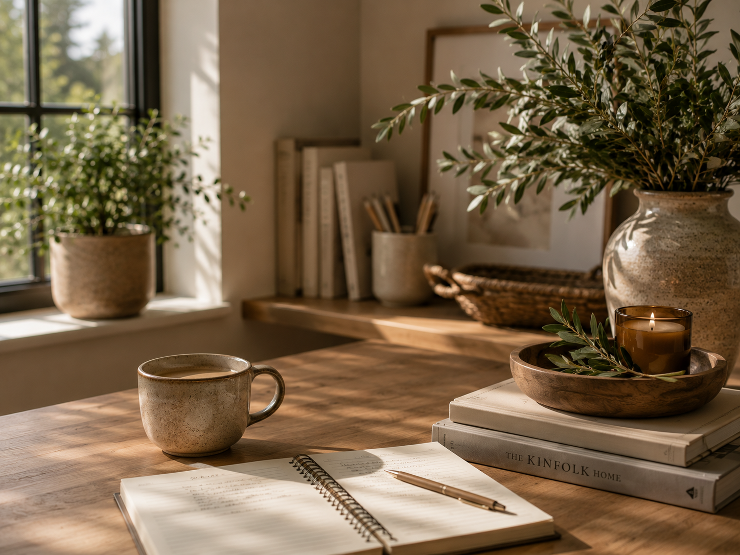 A cozy desk scene with an open notebook, a pen, a ceramic mug, a stack of books, and a large vase with greenery, illuminated by natural sunlight through a window.