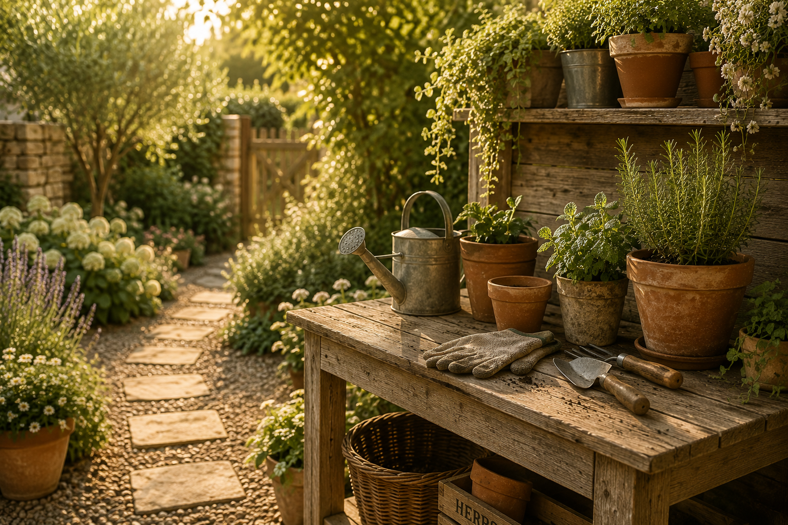 A rustic garden shed with potted herbs on a weathered wooden table and a garden path lined with flowering plants in the background, bathed in warm sunlight.