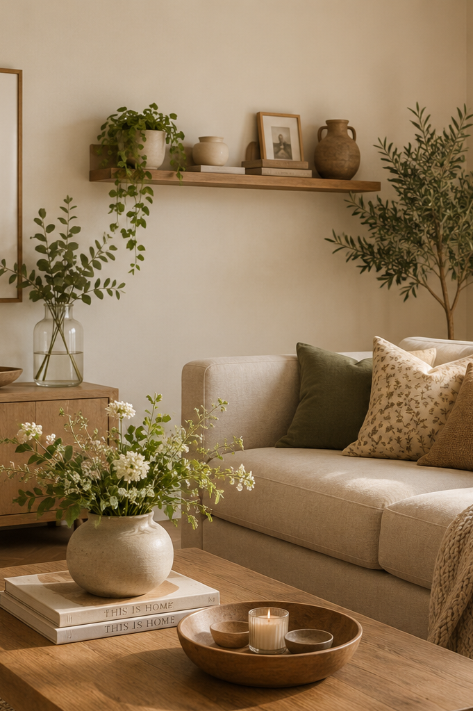 Cozy living room with beige sofa, green and patterned throw pillows, wooden coffee table with a vase of flowers, candles, and decorative bowls, wall shelf with potted plants, books, and vases, and large leafy plants in the background.