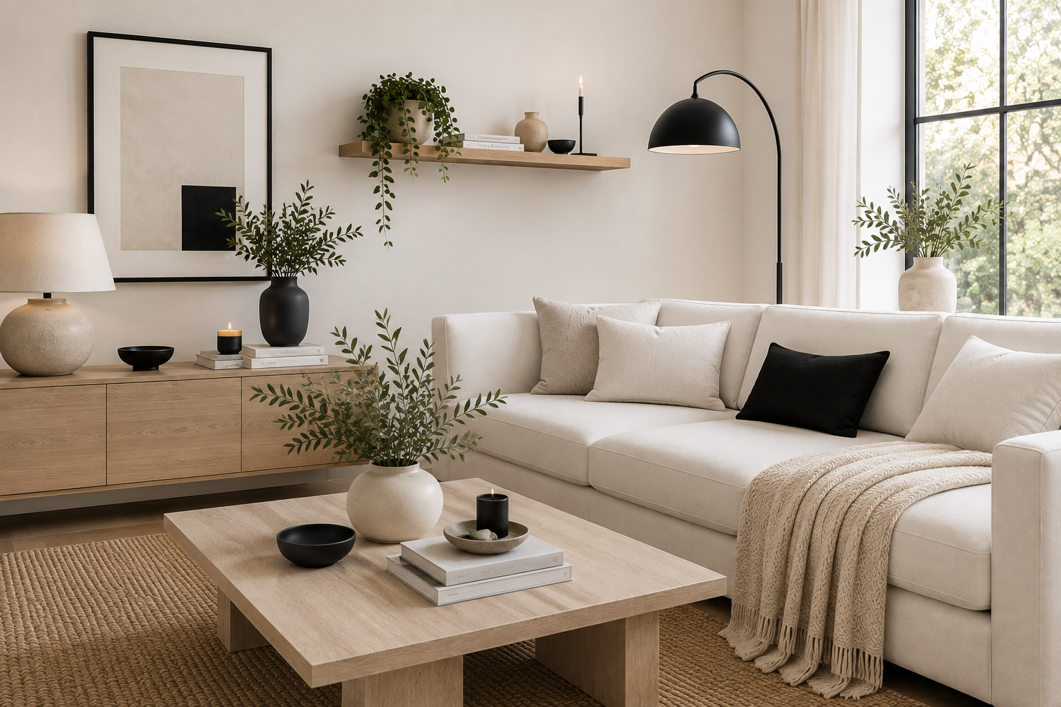 Living room with a white sofa, beige cushions, and a throw blanket. Wooden coffee table with books, a black candle, and decorative bowls. Large window with sheer curtains, potted plants, a black floor lamp, and artwork on the wall.