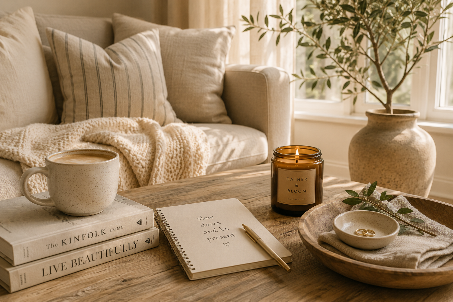 Cozy living room scene with a beige sofa, throw pillows, a knitted blanket, a wooden coffee table with a cup of coffee, stacked magazines, a candle, and a bowl with rings and a small branch, sunlight through the window.