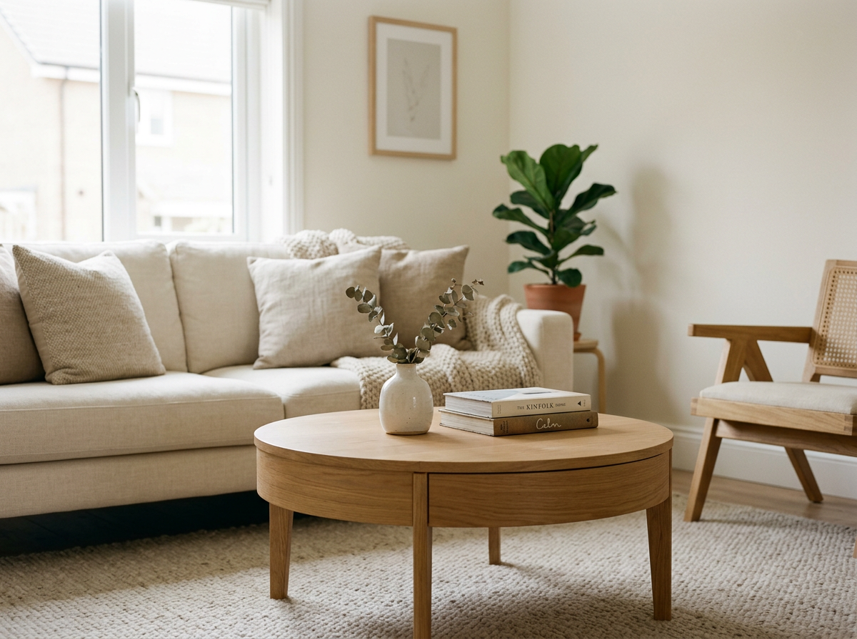 Round wooden coffee table with hidden storage in a warm neutral living room