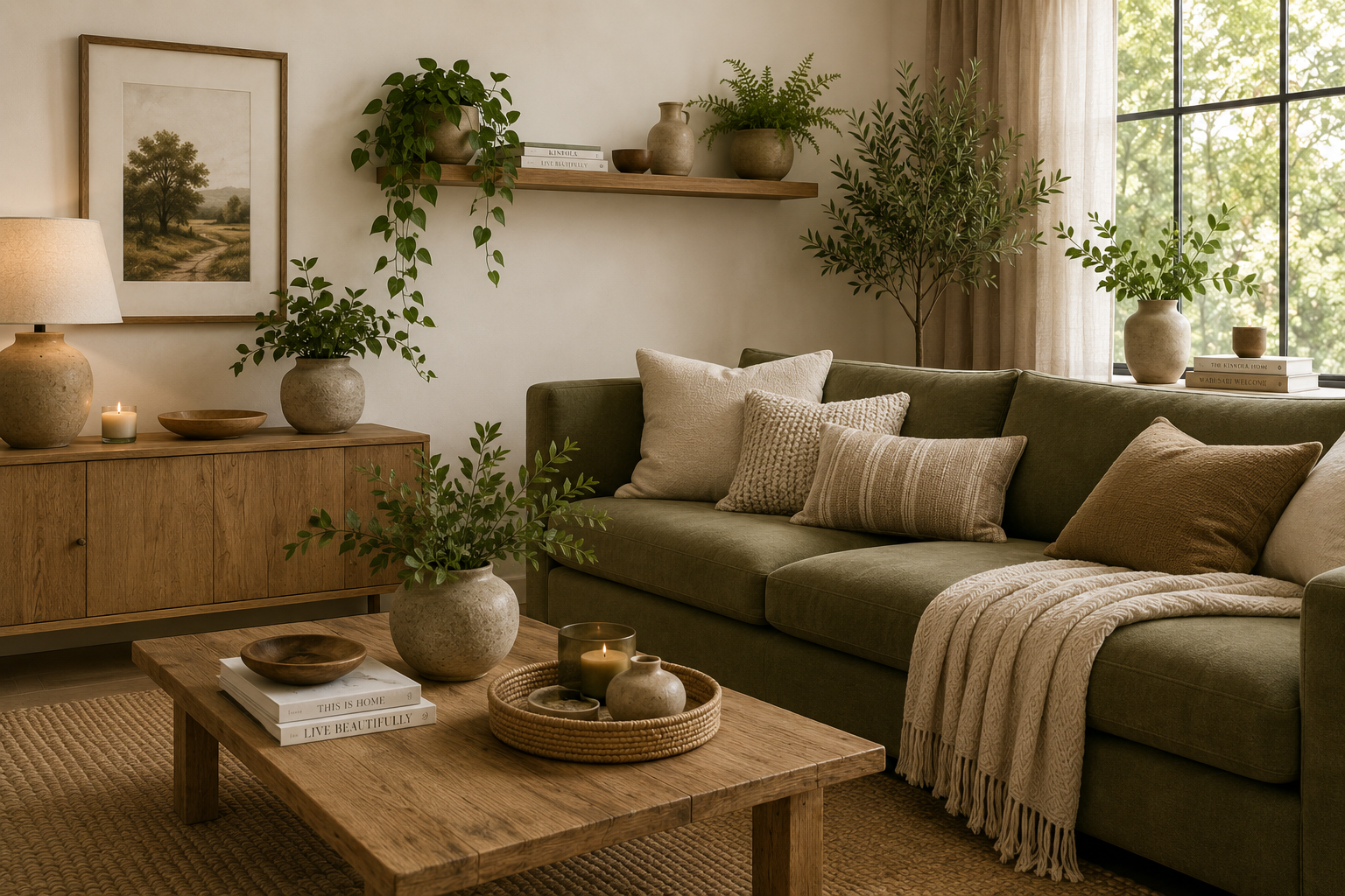 Living room with a green sofa, beige and brown pillows, wooden coffee table with candles and pots, wooden sideboard with lamps and plants, framed landscape artwork, large window with beige curtains, and various potted plants and books.