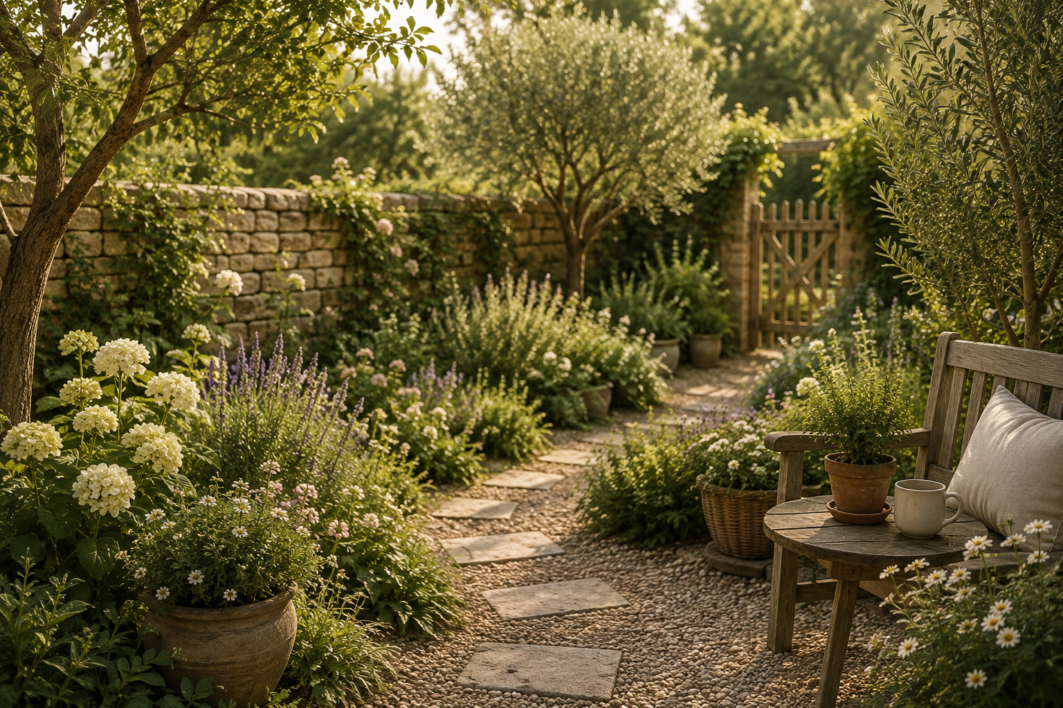 A cozy garden pathway with stepping stones, surrounded by blooming white, purple, and yellow flowers, small trees, potted plants, and a wooden bench with a cushion and a mug on it, enclosed by a brick wall and a wooden gate in warm sunlight.