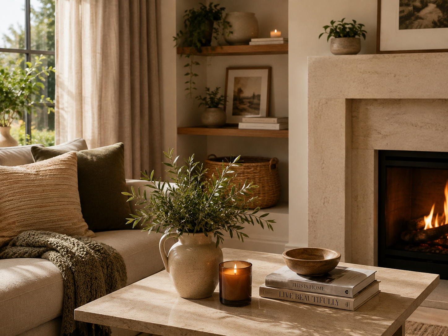 Cozy living room with fireplace, beige sofa with pillows, wooden coffee table with a cloth, a vase with greenery, books, a bowl, a lit candle, and a dark brown candle holder, with natural light from a nearby window.