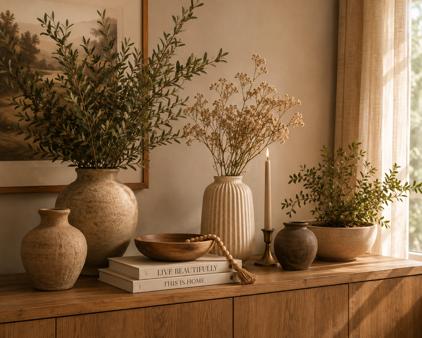Wooden sideboard with vases, books, a candle, and dried flowers, set in a room with natural light and curtains.