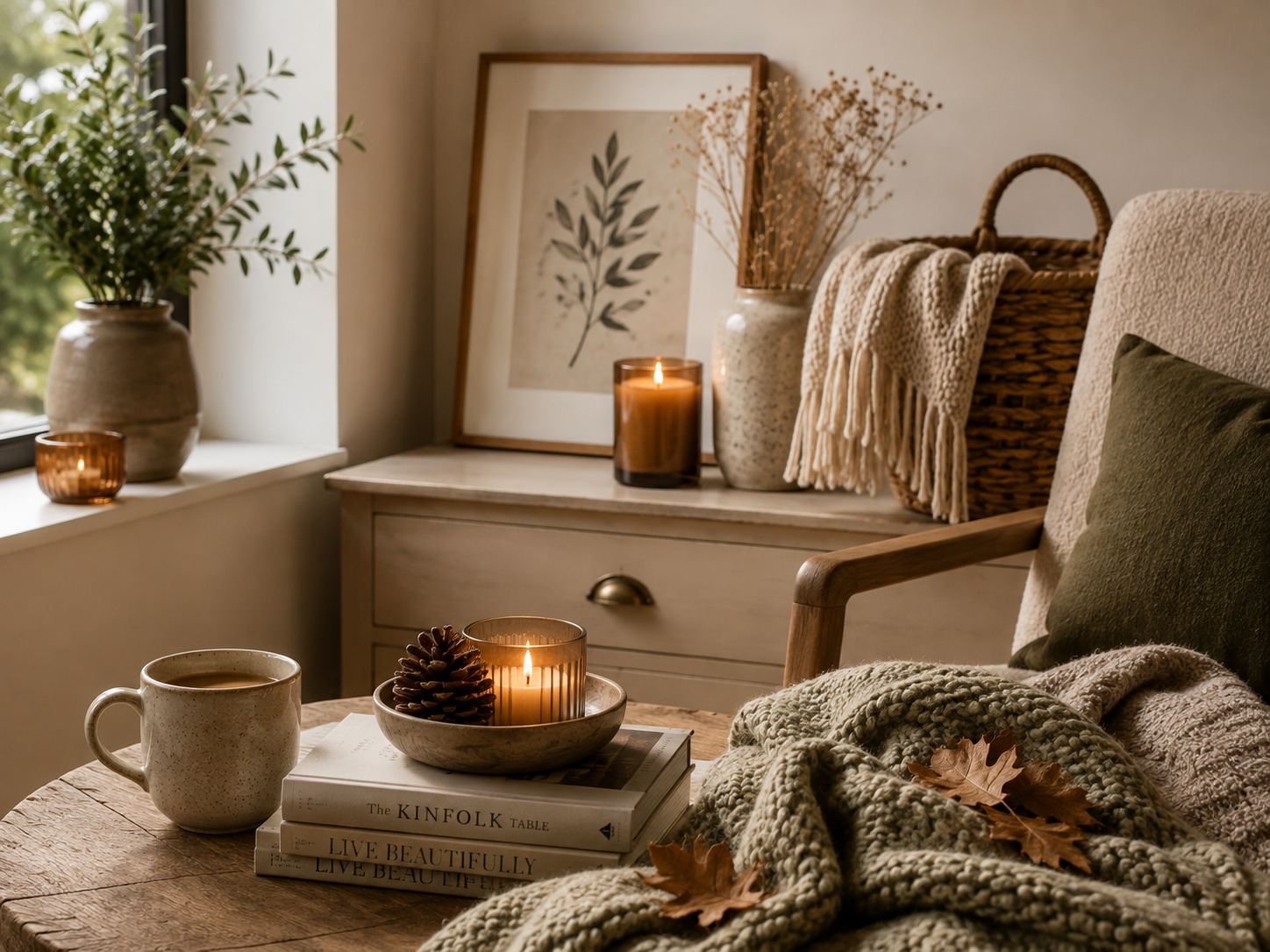 Cozy living room corner with candles, a mug of coffee, books, a blanket, and decorative plants.