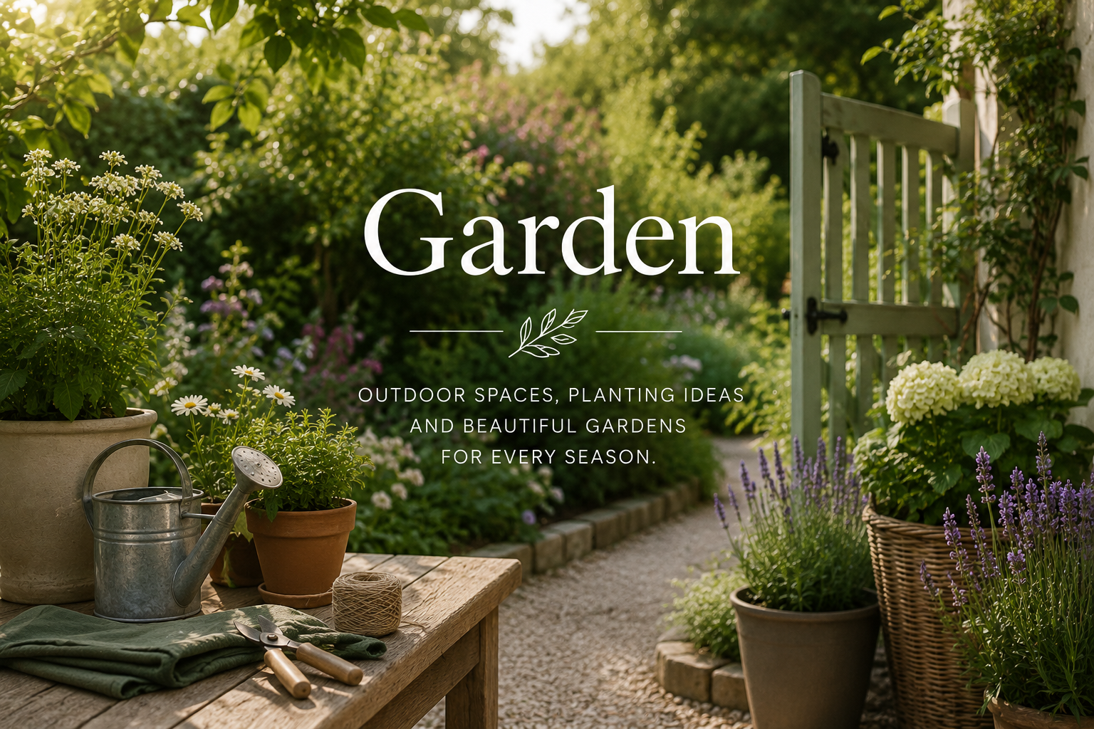 Garden scene with potted plants, gardening tools, and a pathway leading to a gate, overlaid with text about outdoor spaces, planting ideas, and beautiful gardens for all seasons.