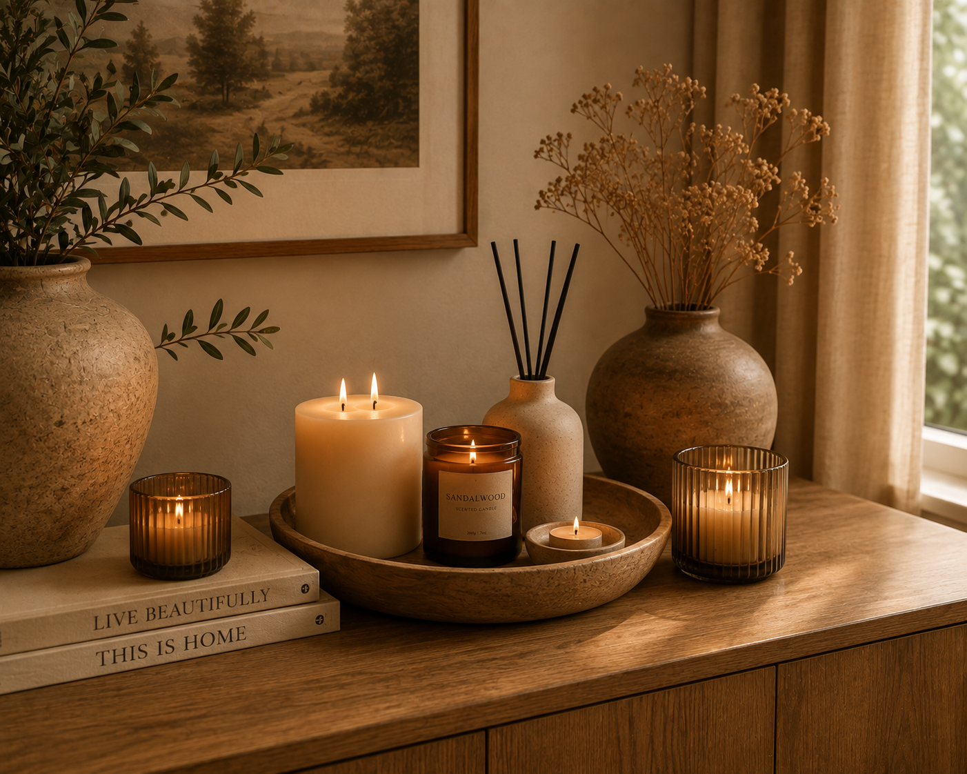 Decorative tabletop with candles, vases, pampas grass, and books in a cozy room.