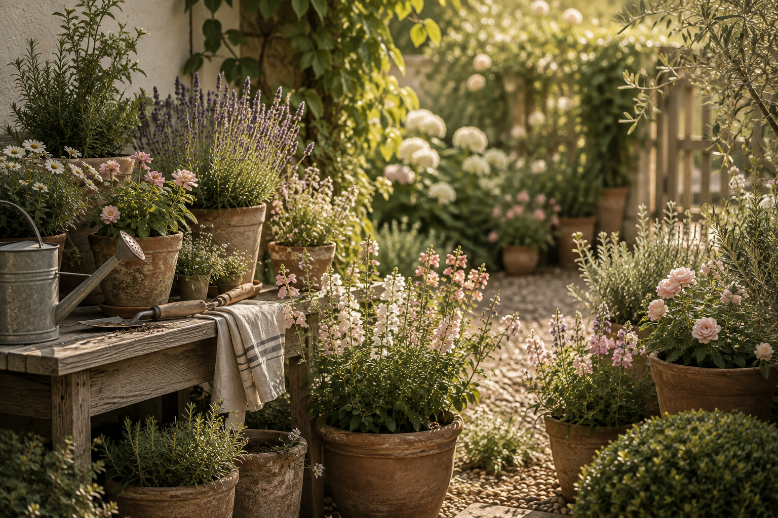 A sunlit garden with potted flowers including lavender, daisies, roses, and other blooming plants on a rustic wooden table and the ground, with a wooden fence in the background.