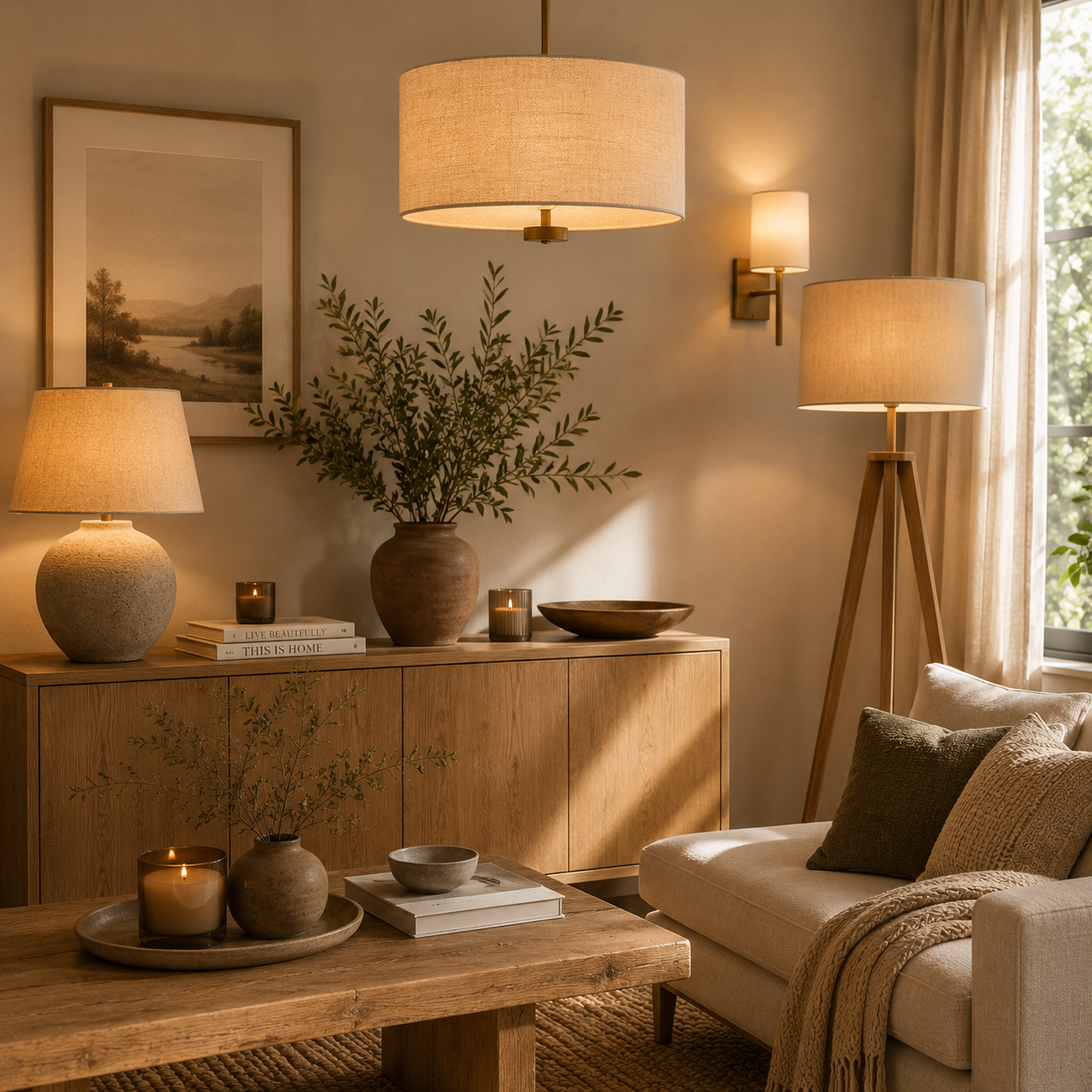 Living room with warm lighting, featuring a wooden sideboard, a large vase with green foliage, candles, and books, beige sofa with cushions, a wooden coffee table with a candle and decorative item, and floor and wall lamps, with curtains and a window showing greenery outside.