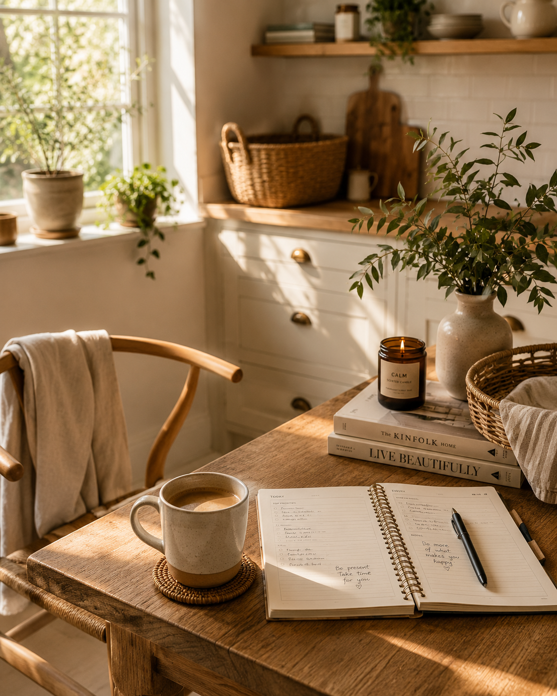 A cozy kitchen or dining area with sunlight streaming in through a window, featuring a wooden table with a mug of coffee, an open planner, books, a candle, and a vase with greenery. In the background are white cabinets, a basket, cutting board, and potted plants.