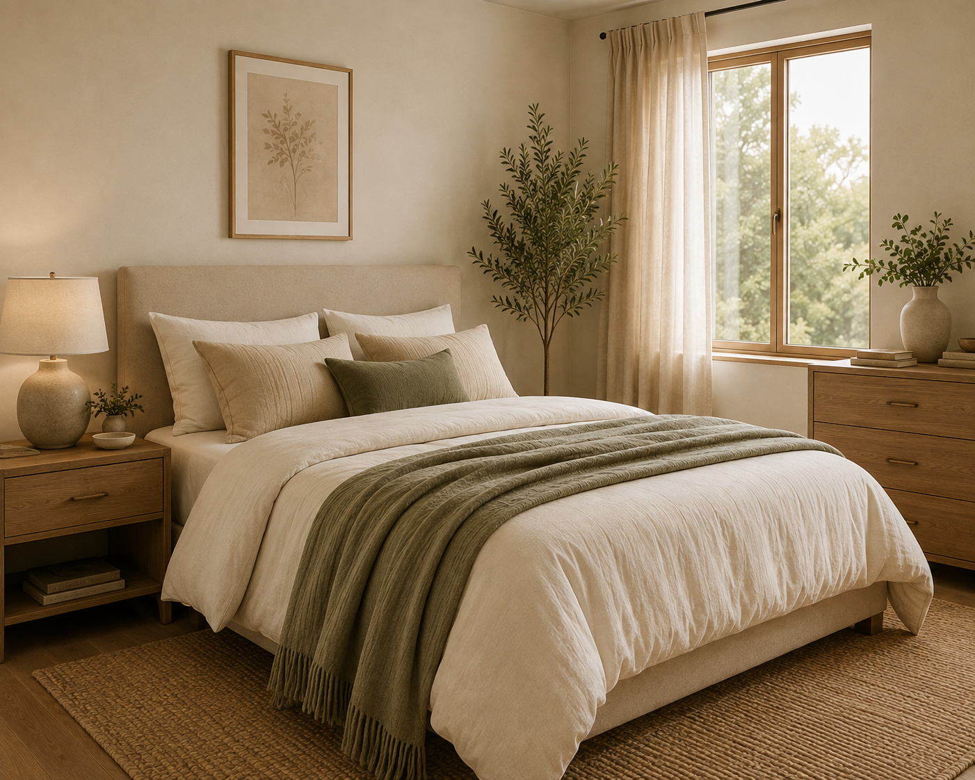 A cozy bedroom with neutral tones, a large bed with beige and green pillows, a beige headboard, a nightstand with a lamp and decor, large window with cream curtains, and potted plants.