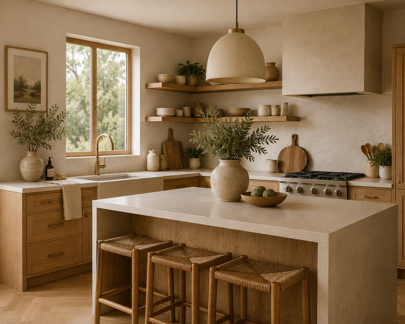 A neutral-toned kitchen with a central island, wooden stools, open shelves with dishes, large vase with greenery, window with greenery outside, and a stove.