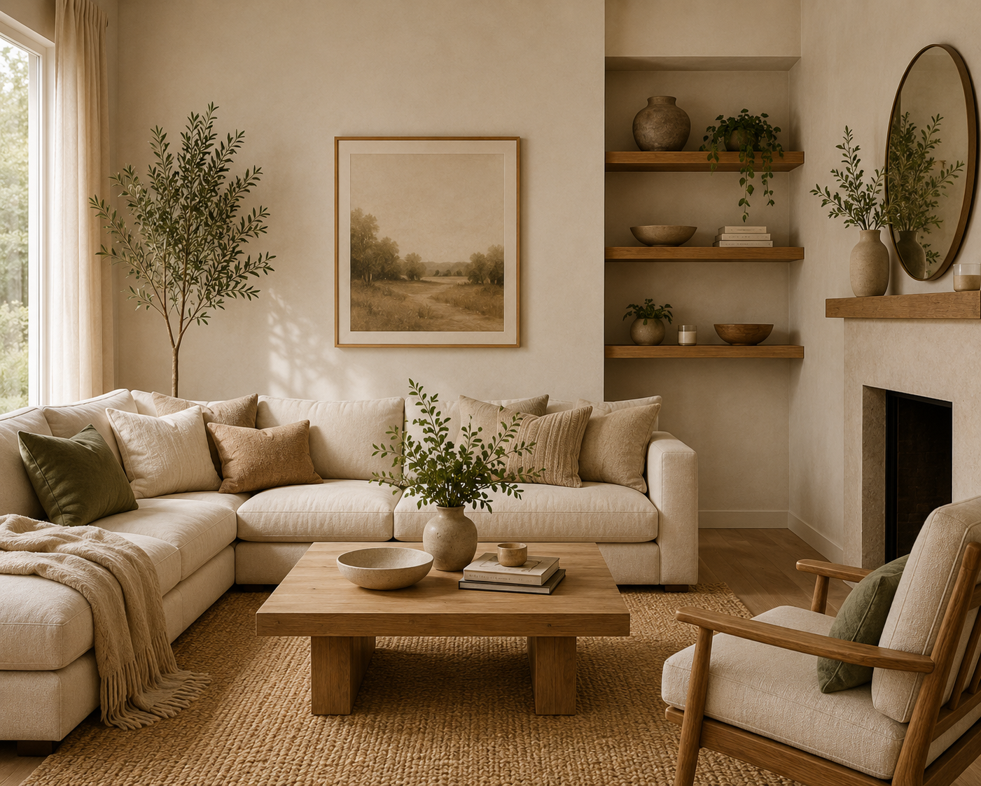 Living room with beige sofa, pillows, wooden coffee table with decor, floor lamp, armchair, fireplace, and shelf with vases and books, bright daylight from window.