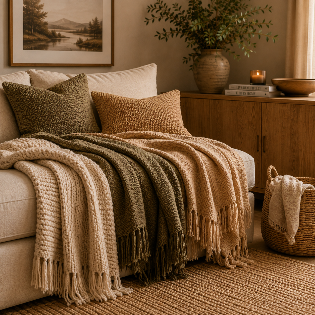 A cozy living room corner with a beige sofa topped with textured throw pillows and layered knitted blankets in neutral tones. Behind the sofa is a wooden sideboard decorated with a large potted plant, a lit candle, and a stack of books. On the wall above, there is a framed landscape painting, and natural light filters through a curtain.