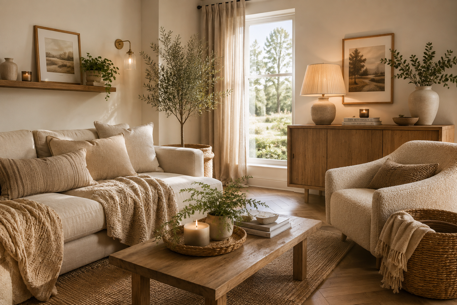 Cozy living room with beige couch and matching armchair, wooden coffee table with plants and candle, natural lighting from large window, neutral decor, framed landscape artwork, and sideboard with lamps and plants.