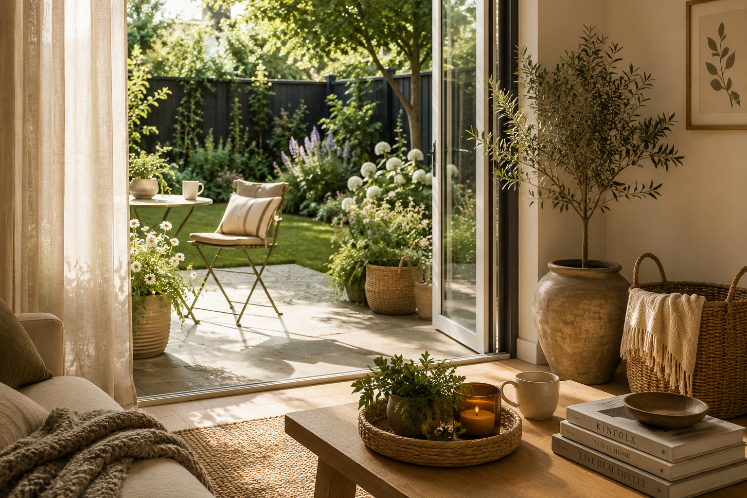 Living room opening to a sunlit garden with outdoor seating, potted plants, and lush greenery.