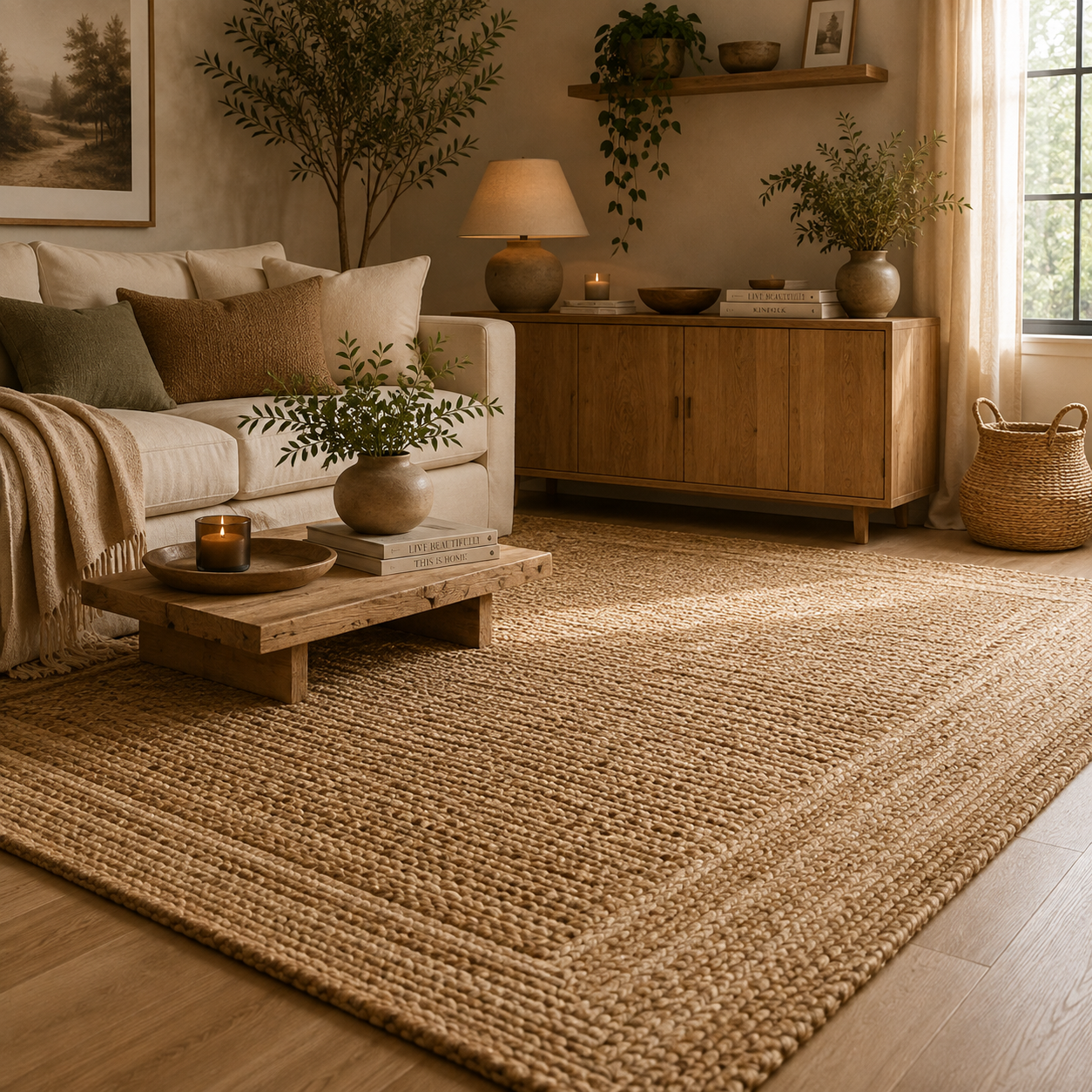 Cozy living room with beige sofa, decorative pillows, wooden coffee table with a plant and candles, wooden sideboard with plants and books, large window with curtains, woven basket, and textured area rug.