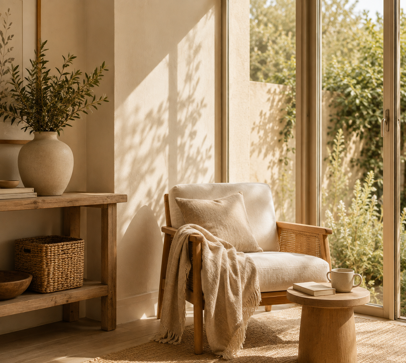 A cozy living room corner featuring a beige armchair with a pillow and blanket, a small round wooden table with a book and a mug, a wooden side table with a large vase, books, and decorative baskets, large windows with natural light and outdoor greenery.