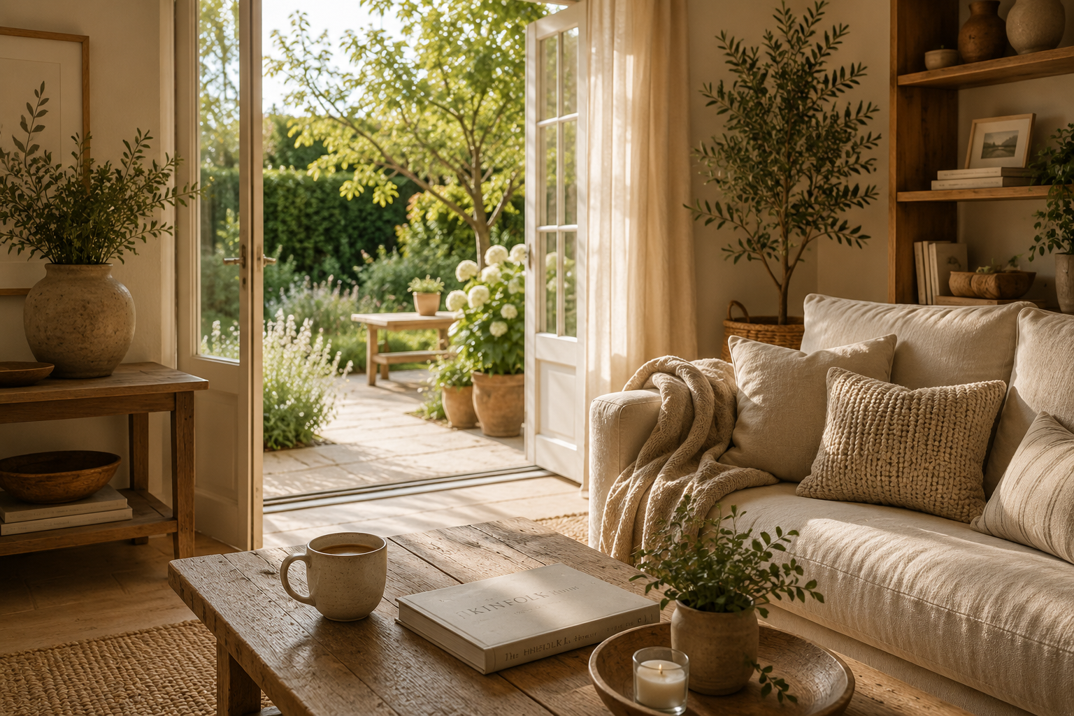A cozy living room with an open door leading to a garden patio. The room has neutral-toned furniture, including a cream sofa with textured pillows and a blanket. There are wooden shelves with decorative items, potted plants, and a wooden coffee table with a book, a cup of coffee, a candle, and a small plant. Outside, potted plants and trees are visible, illuminated by warm sunlight.