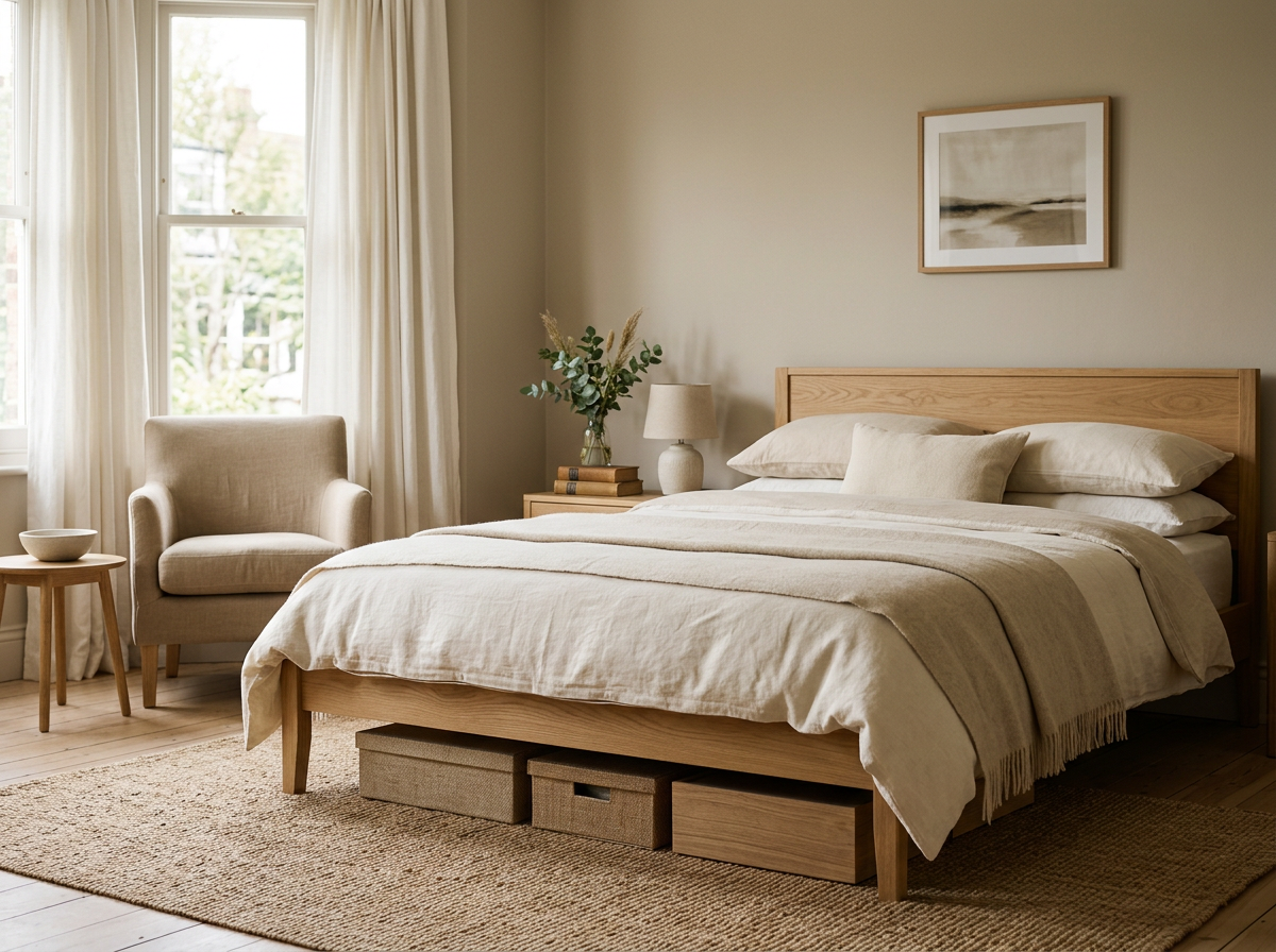 Neutral bedroom with under-bed storage boxes, natural wood furniture and soft cream bedding