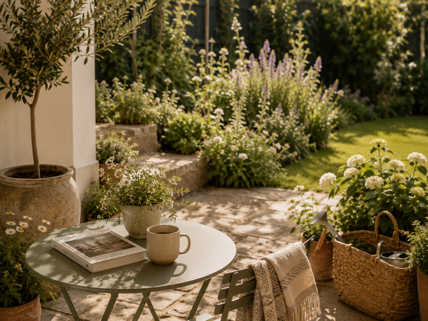 A cozy outdoor patio scene with a small round table holding a stack of books, a mug, and a small plant. Potted plants and flowers surround the area, with a grassy lawn and lush greenery in the background. A woven basket filled with gardening tools is nearby.