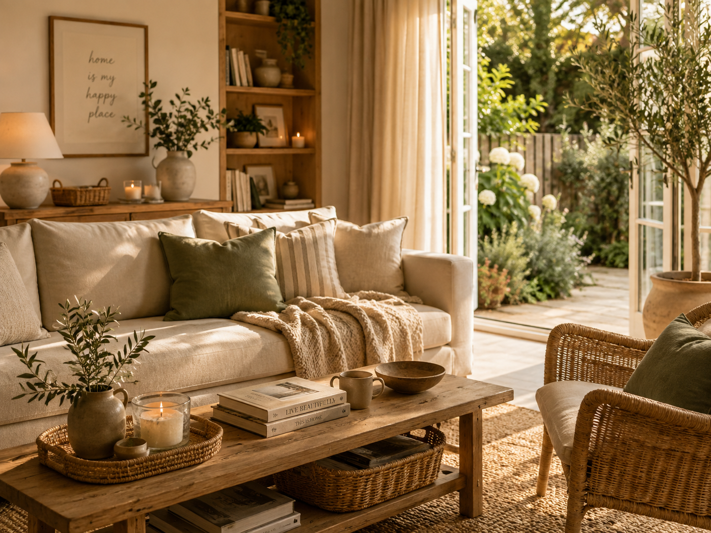 Cozy living room with sunlight streaming through open glass doors leading to outdoor garden, beige sofa with green and striped pillows, wooden coffee table with books, candles, and decor, wicker chairs with cushions, indoor plants, and wall art.