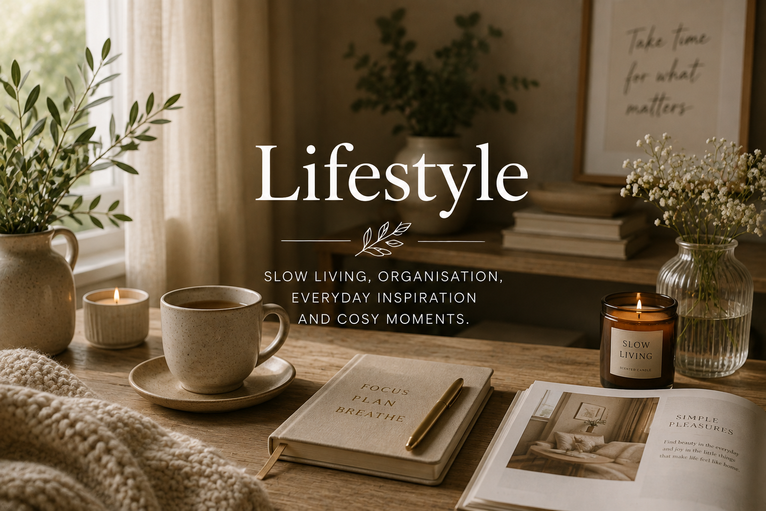 A cozy wooden table with a cup of tea, candles, a natural notebook, and potted plants, highlighting a lifestyle of slow living, organization, and inspiration.