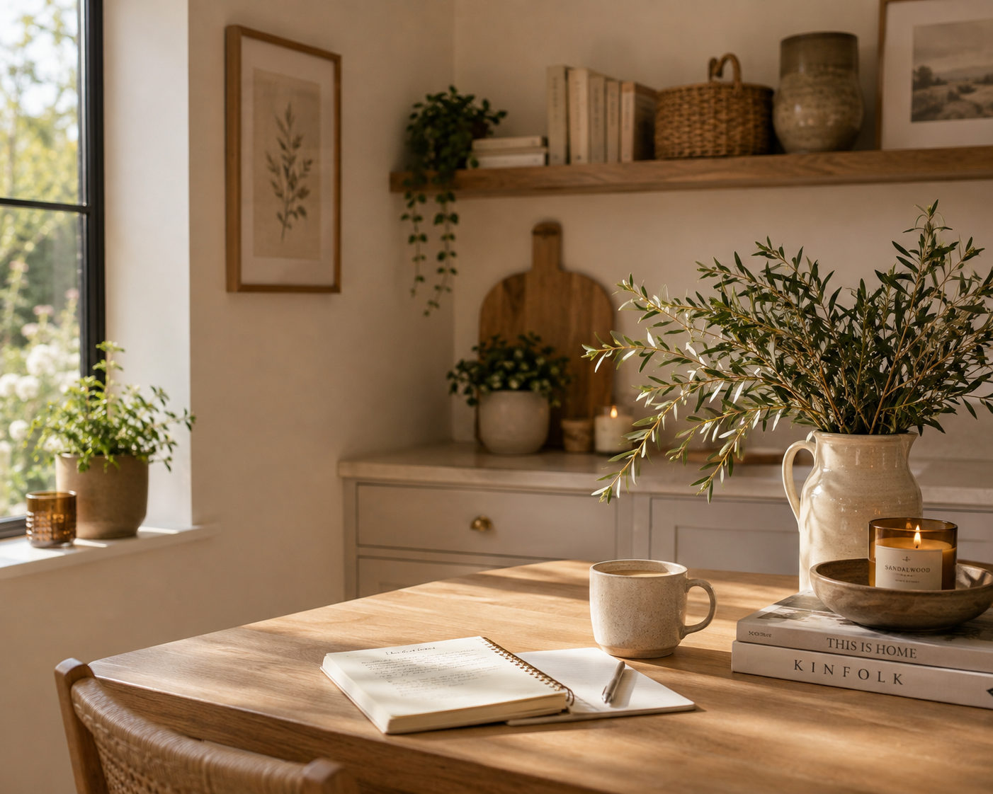 A cozy, well-lit kitchen or dining area with a wooden table. On the table are a notebook, a ceramic mug, a stack of books, a ceramic pitcher with green foliage, a candle, and bowls. The background features a white cabinet, framed botanical prints, wall shelves with books and decorative items, and natural sunlight coming through a window with greenery outside.