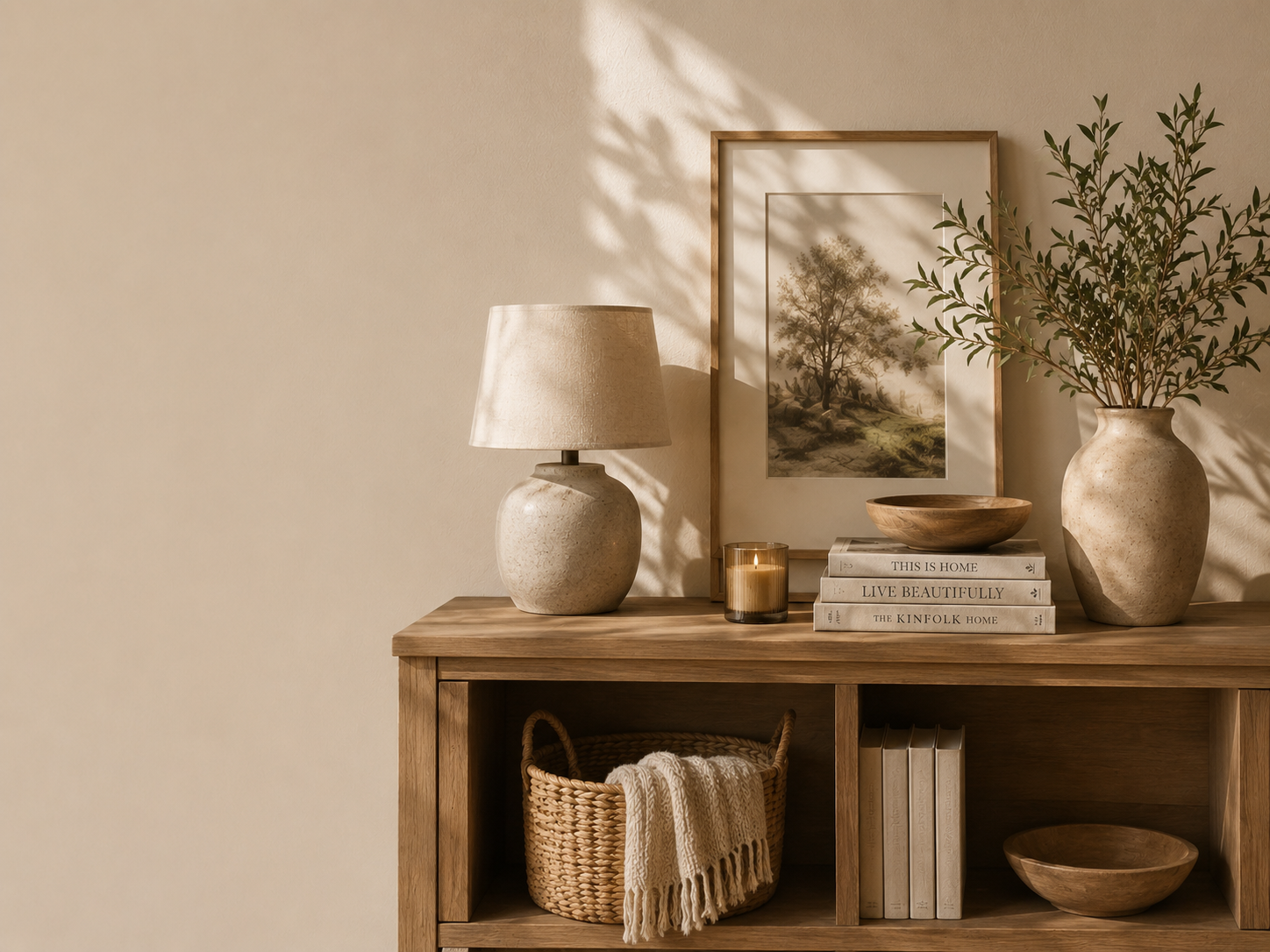 A wooden sideboard with a table lamp, framed artwork, a stack of books, a vase with greenery, a candle, woven basket with a blanket, and decorative bowls, all illuminated by natural light creating shadows on the wall.