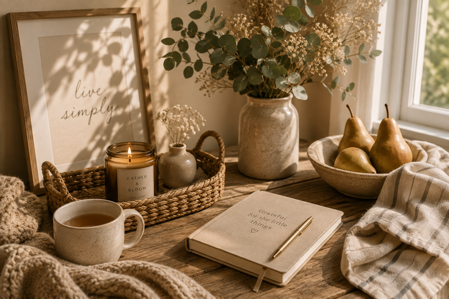 A cozy wooden table decorated with a lit candle in a glass jar, a cup of tea, a notebook titled 'Grateful for the little things' with a gold pen, a ceramic vase with flowers, a large vase with greenery and small white flowers, a bowl of pears, and a framed print that says 'live simply', near a window with natural light.