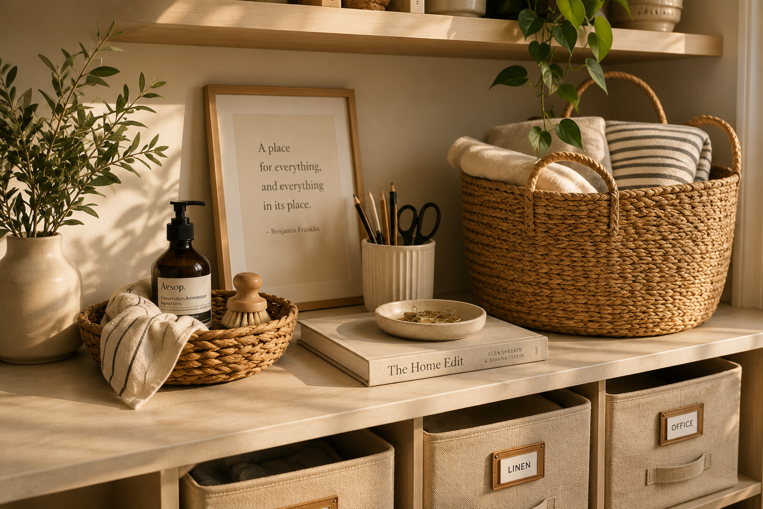 A wooden sideboard with storage bins labeled "Linen" and "Office," topped with a potted plant, framed quote, basket of pens and scissors, a book titled "The Home Edit," a ceramic dish, another basket with towels, and a hanging plant.