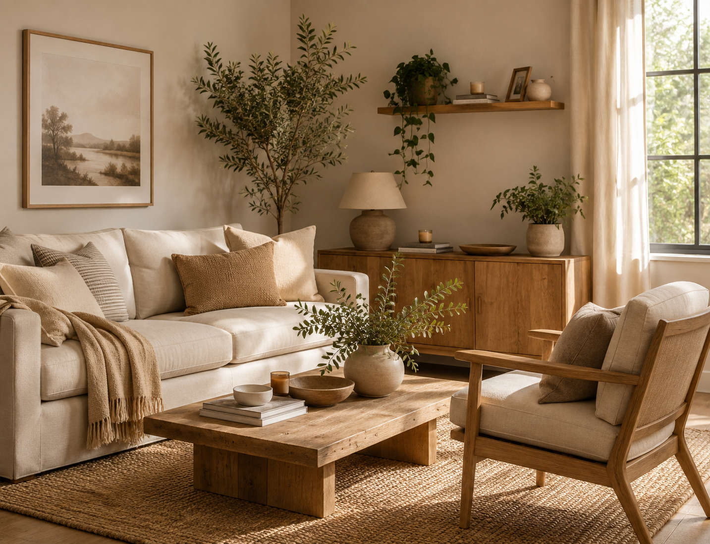 A cozy living room with a beige sofa, beige armchair, and wooden furniture. Decor includes potted plants, candles, a table lamp, and wall art, all bathed in natural light from a nearby window.