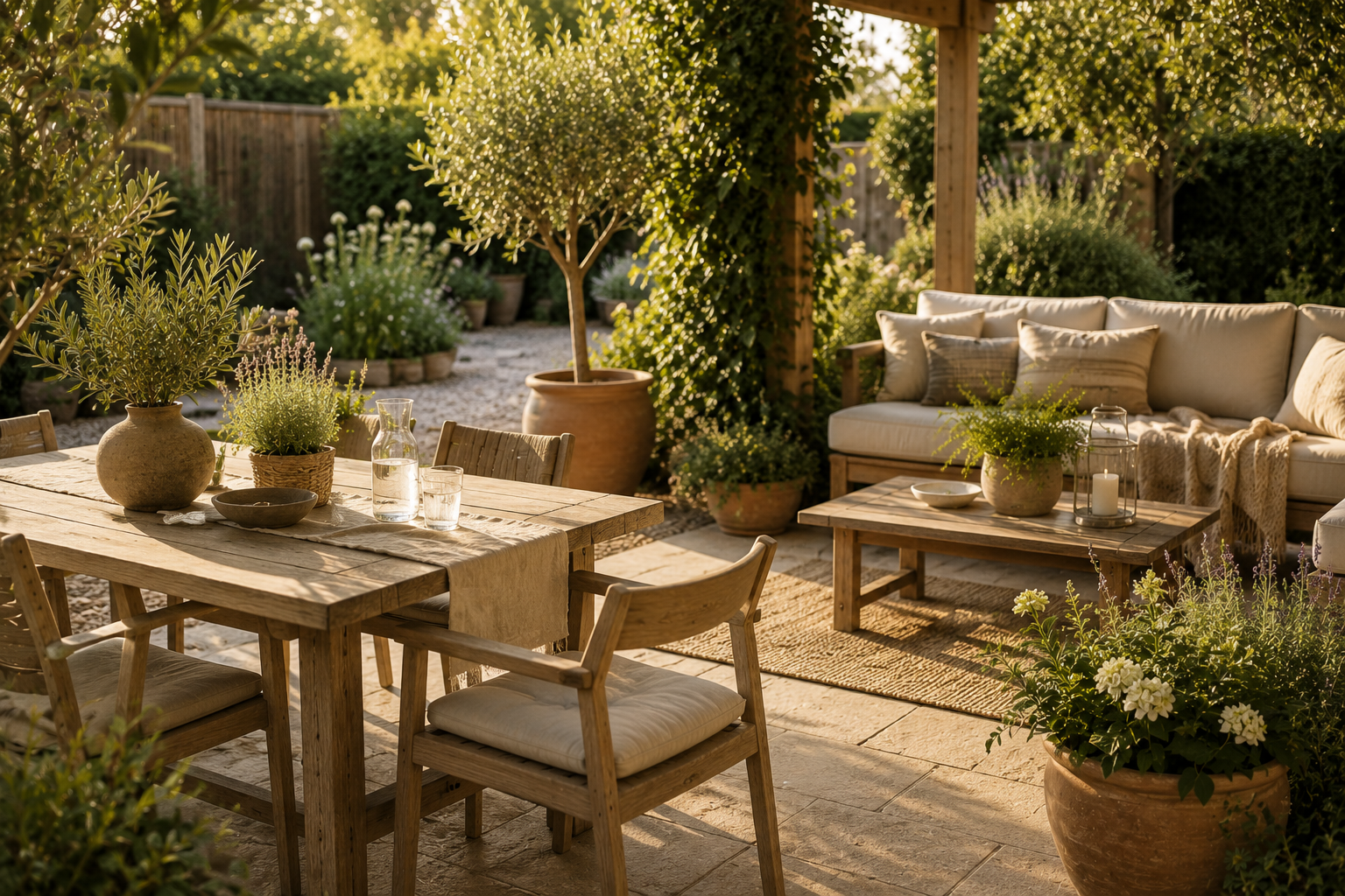 An outdoor patio with a wooden dining table and four chairs, a sofa with cushions, potted plants, and a wooden coffee table, all illuminated by warm sunlight.